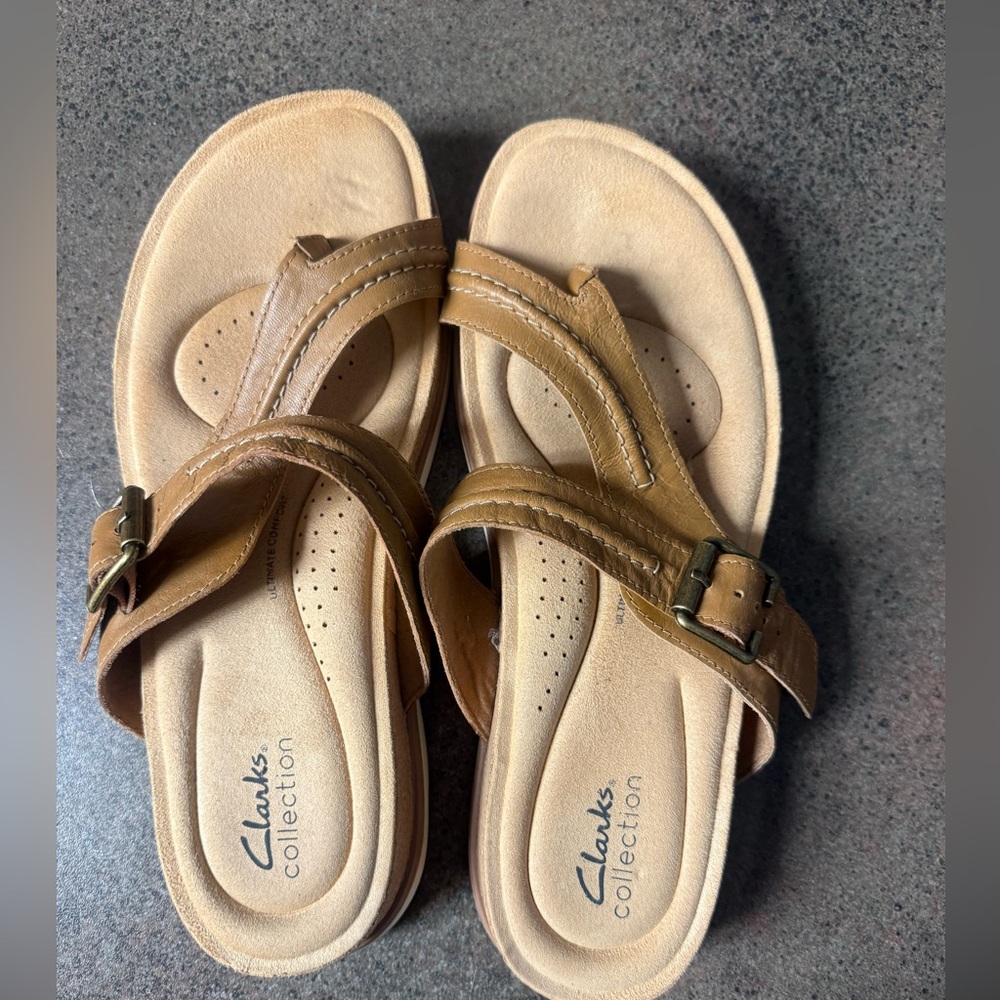 Clarks Tan Brown Leather Buckle Sandal Slides